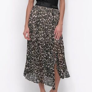DKNY Pleated Asymmetric Midi Skirt Multi Leopard Lightweight  Womens Size XL